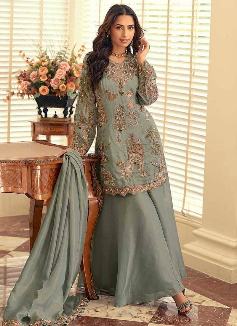 Sage green simar silk blend embroidered pakistani suit with palazzo & dupatta