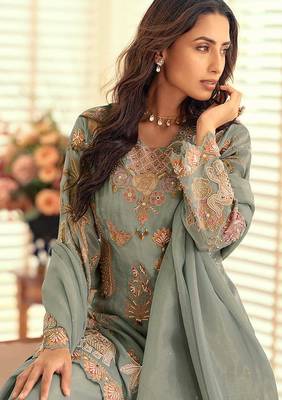 Sage green simar silk blend embroidered pakistani suit with palazzo & dupatta 2