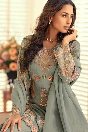 Sage green simar silk blend embroidered pakistani suit with palazzo & dupatta
