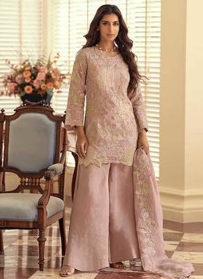 Blush pink simar silk blend embroidered pakistani suit with palazzo & dupatta 1