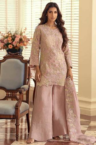 Blush pink simar silk blend embroidered pakistani suit with palazzo & dupatta