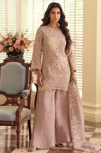 Blush pink simar silk blend embroidered pakistani suit with palazzo & dupatta