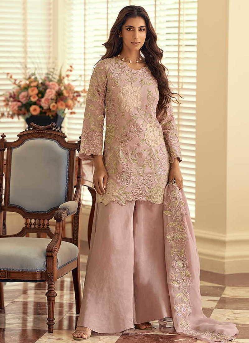 Blush pink simar silk blend embroidered pakistani suit with palazzo & dupatta
