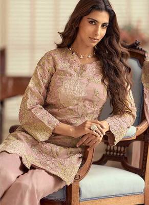 Blush pink simar silk blend embroidered pakistani suit with palazzo & dupatta 2