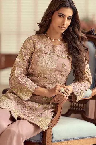Blush pink simar silk blend embroidered pakistani suit with palazzo & dupatta