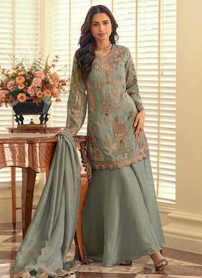 Sage green simar silk blend embroidered pakistani suit with palazzo & dupatta 3