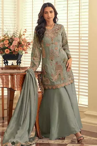 Sage green simar silk blend embroidered pakistani suit with palazzo & dupatta