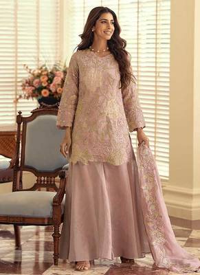Blush pink simar silk blend embroidered pakistani suit with palazzo & dupatta 3