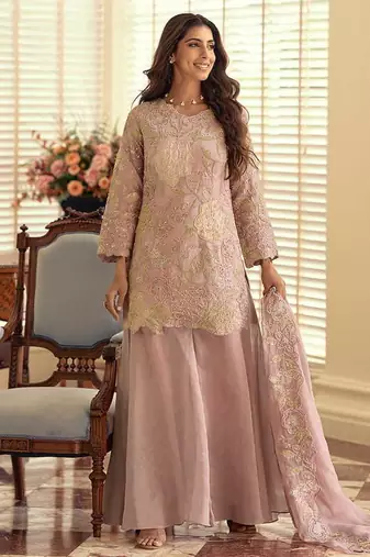 Blush pink simar silk blend embroidered pakistani suit with palazzo & dupatta