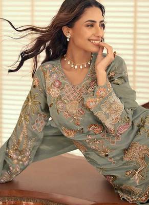 Sage green simar silk blend embroidered pakistani suit with palazzo & dupatta 4