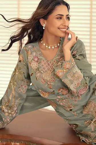 Sage green simar silk blend embroidered pakistani suit with palazzo & dupatta