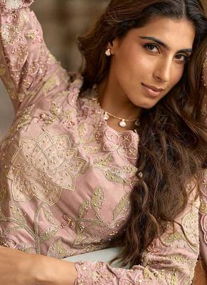 Blush pink simar silk blend embroidered pakistani suit with palazzo & dupatta 4