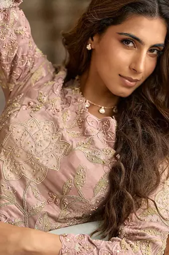 Blush pink simar silk blend embroidered pakistani suit with palazzo & dupatta