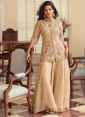 Beige simar silk blend embroidered pakistani suit with palazzo 1