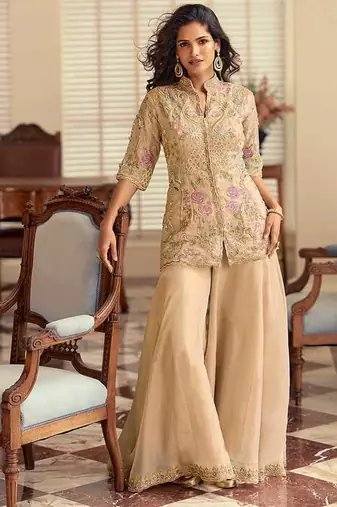 Beige simar silk blend embroidered pakistani suit with palazzo
