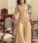 Beige simar silk blend embroidered pakistani suit with palazzo