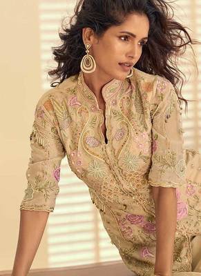 Beige simar silk blend embroidered pakistani suit with palazzo 2
