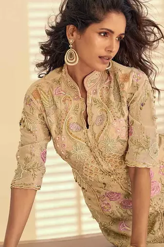 Beige simar silk blend embroidered pakistani suit with palazzo