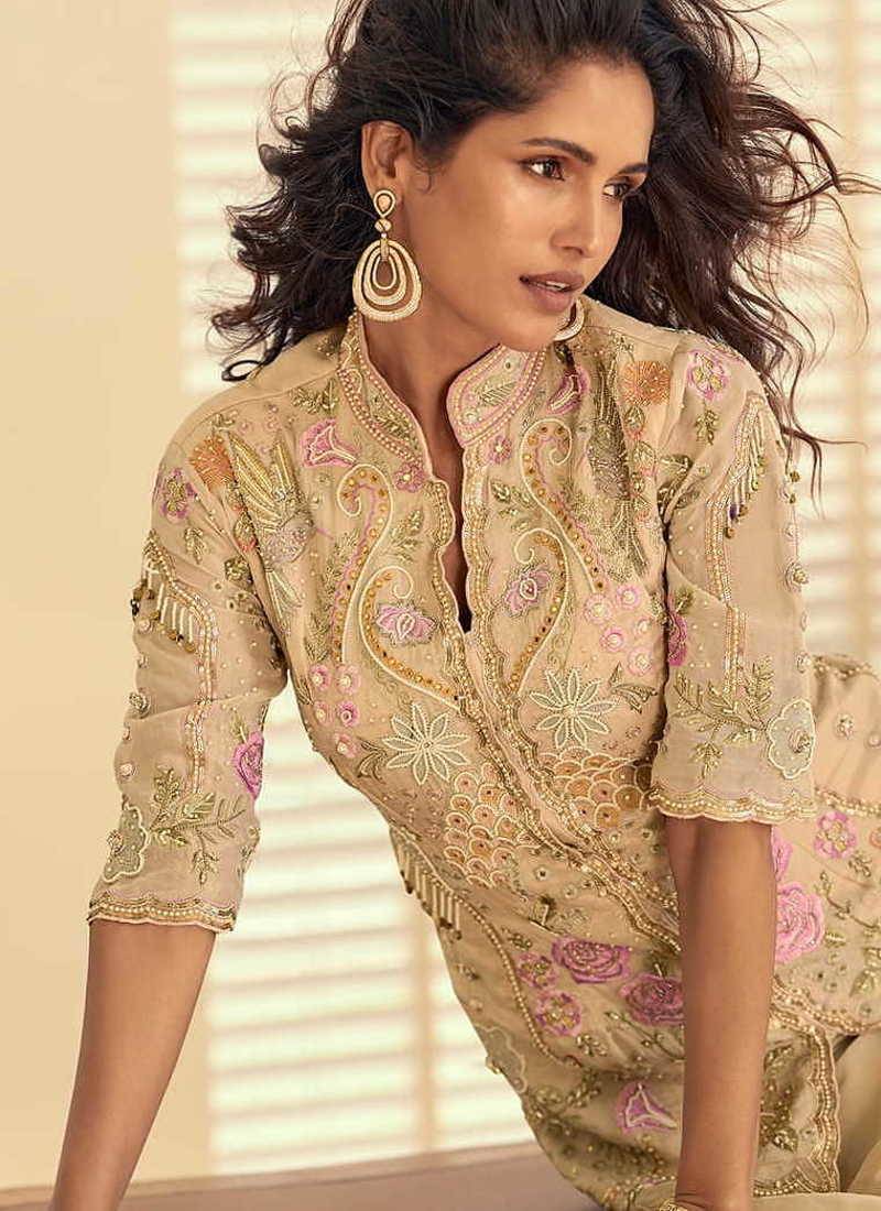 Beige simar silk blend embroidered pakistani suit with palazzo