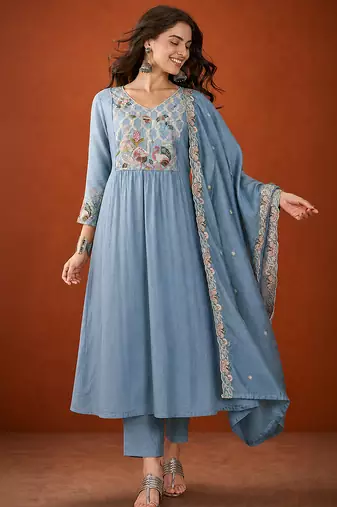 Embroidered Silk Flared Kurta Pant and Dupatta Set