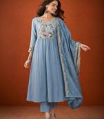 Embroidered Silk Flared Kurta Pant and Dupatta Set