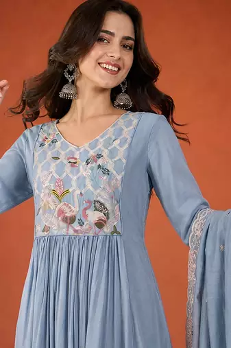 Embroidered Silk Flared Kurta Pant and Dupatta Set