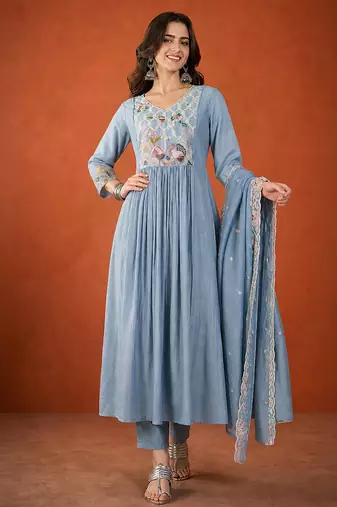 Embroidered Silk Flared Kurta Pant and Dupatta Set