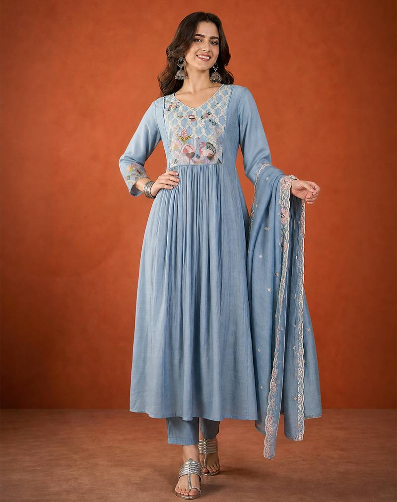 Embroidered Silk Flared Kurta Pant and Dupatta Set