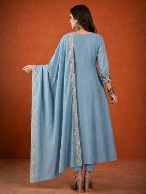 Embroidered Silk Flared Kurta Pant and Dupatta Set 4