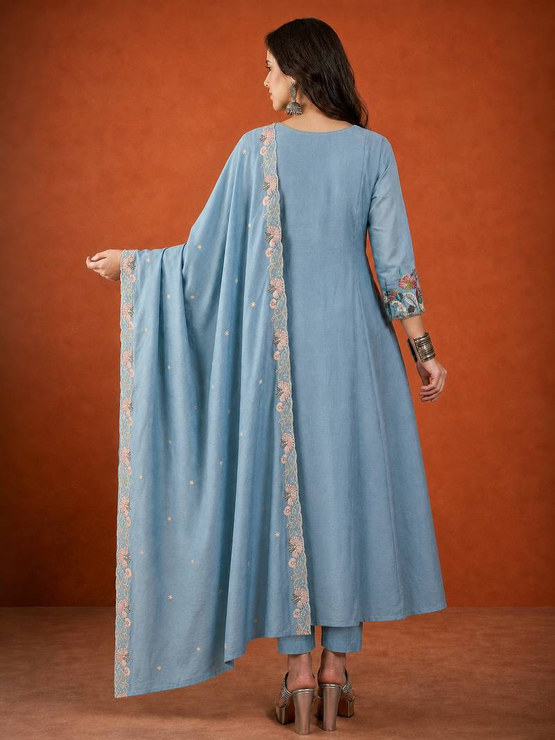 Embroidered Silk Flared Kurta Pant and Dupatta Set