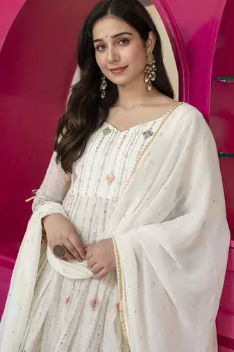Off white  georgette   party wear embroidery anarkali suit set