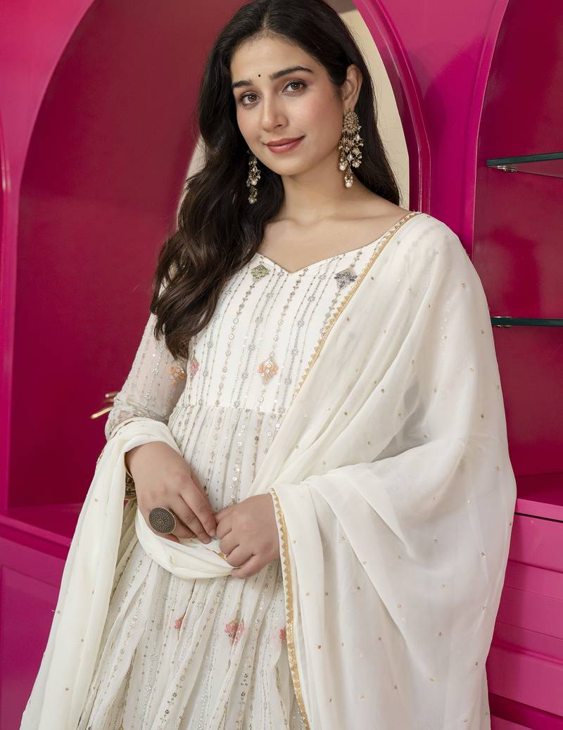 Off white  georgette   party wear embroidery anarkali suit set