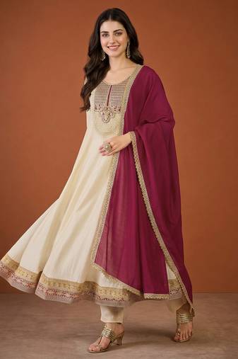 Women's Beautiful Embroidery Work Vichitra Silk Fabric Flared Anarkali Pant and Dupatta Set