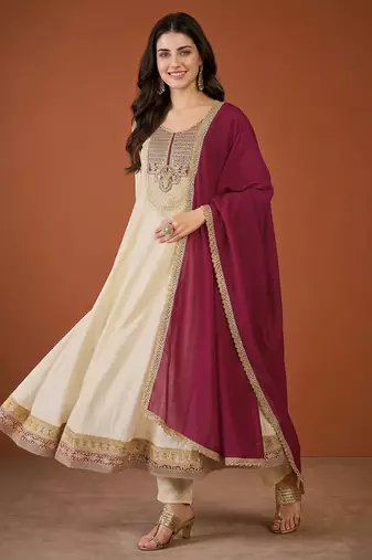 Women's Beautiful Embroidery Work Vichitra Silk Fabric Flared Anarkali Pant and Dupatta Set
