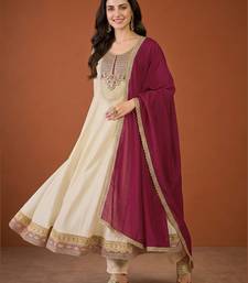 Women's Beautiful Embroidery Work Vichitra Silk Fabric Flared Anarkali Pant and Dupatta Set