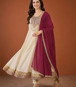 Women's Beautiful Embroidery Work Vichitra Silk Fabric Flared Anarkali Pant and Dupatta Set