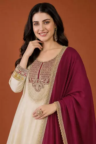 Women's Beautiful Embroidery Work Vichitra Silk Fabric Flared Anarkali Pant and Dupatta Set