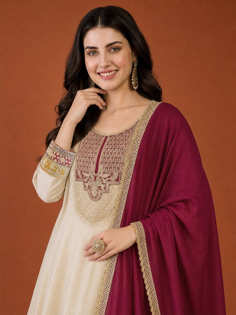 Women's Beautiful Embroidery Work Vichitra Silk Fabric Flared Anarkali Pant and Dupatta Set