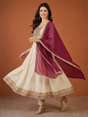 Women's Beautiful Embroidery Work Vichitra Silk Fabric Flared Anarkali Pant and Dupatta Set 3