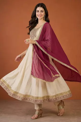 Women's Beautiful Embroidery Work Vichitra Silk Fabric Flared Anarkali Pant and Dupatta Set