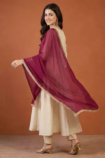 Women's Beautiful Embroidery Work Vichitra Silk Fabric Flared Anarkali Pant and Dupatta Set