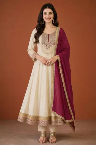 Women's Beautiful Embroidery Work Vichitra Silk Fabric Flared Anarkali Pant and Dupatta Set