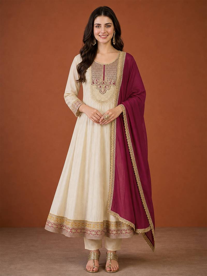 Women's Beautiful Embroidery Work Vichitra Silk Fabric Flared Anarkali Pant and Dupatta Set