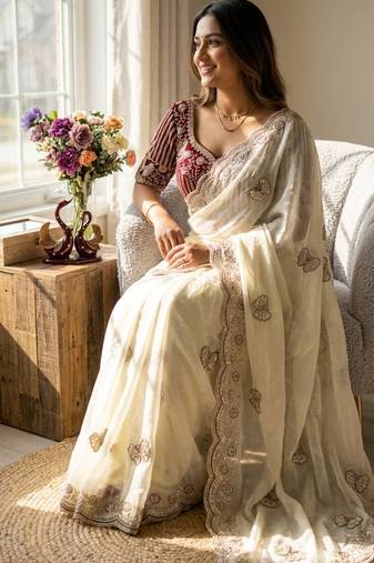  New Soft Frendy Satin Fabric Sequance Embroidery Work Saree With Blouse Set For Women's 