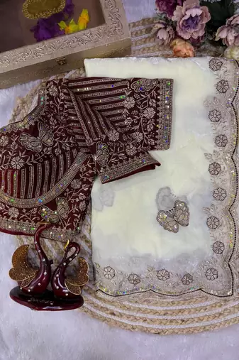  New Soft Frendy Satin Fabric Sequance Embroidery Work Saree With Blouse Set For Women's 