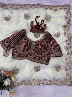  New Soft Frendy Satin Fabric Sequance Embroidery Work Saree With Blouse Set For Women's  3