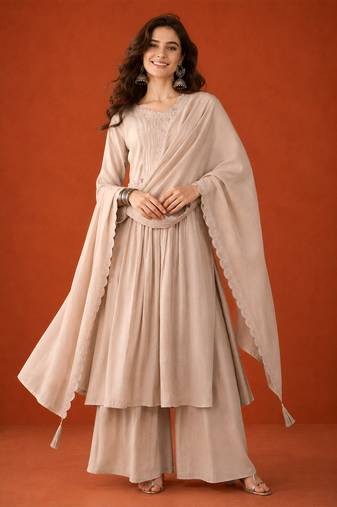 Embroidered Silk Straight Kurta Palazzo and Dupatta Set