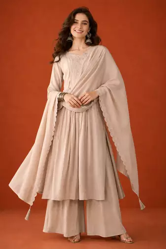 Embroidered Silk Straight Kurta Palazzo and Dupatta Set