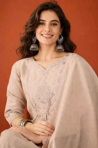 Embroidered Silk Straight Kurta Palazzo and Dupatta Set