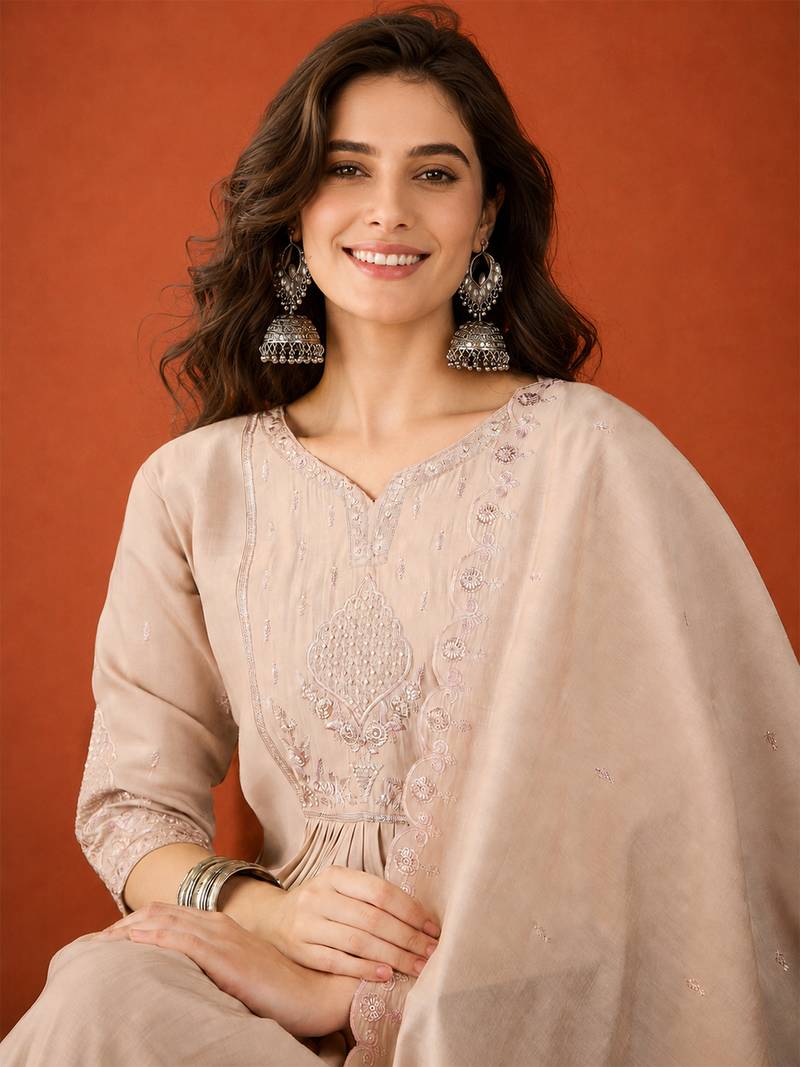 Embroidered Silk Straight Kurta Palazzo and Dupatta Set